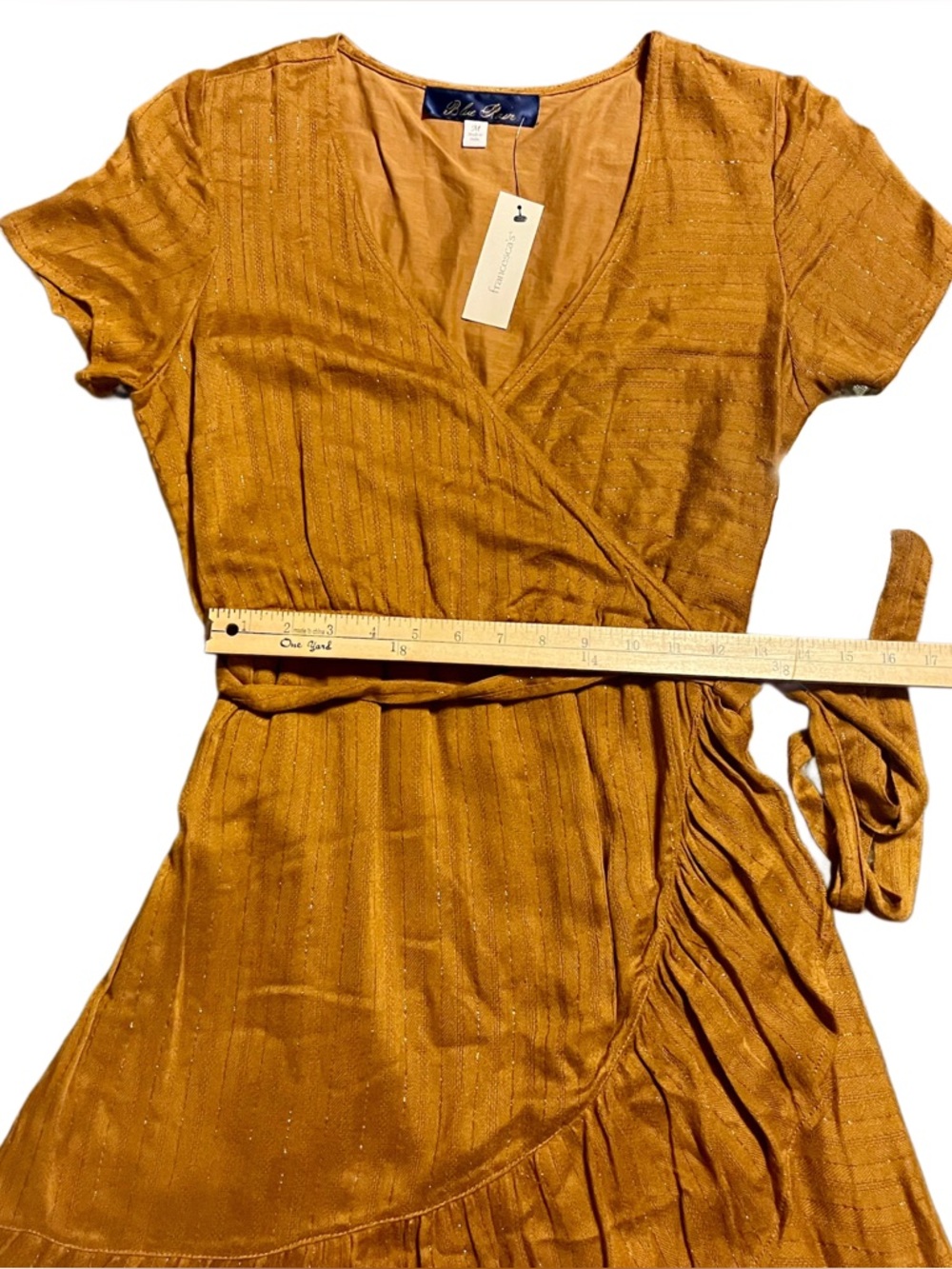 Francesca’s Blue Rain Rust Orange Faux Wrap Dress Elastic Waist Ruffle Hem Boho - Picture 5 of 9